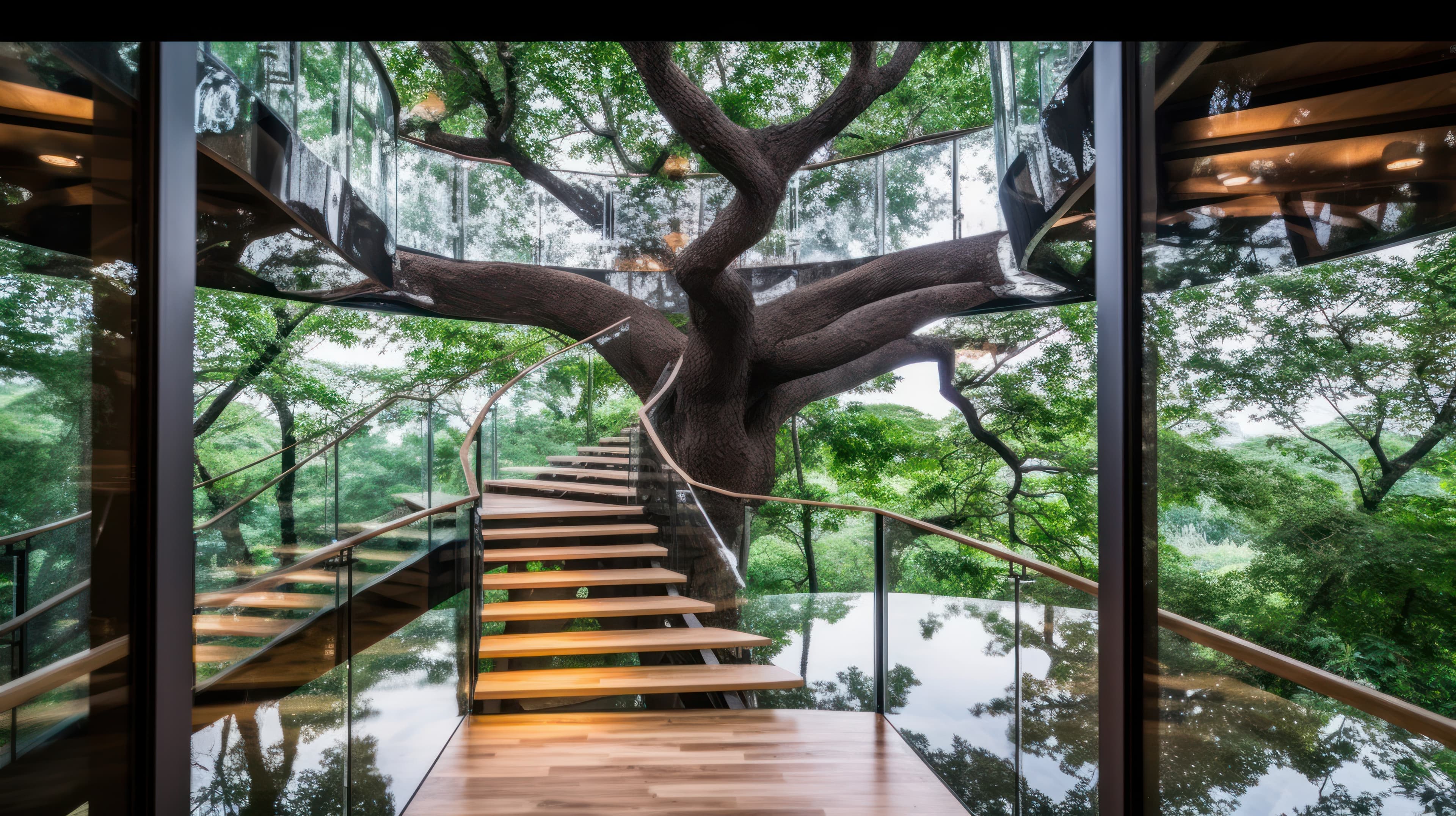 Indoor stairs around a tree trunk